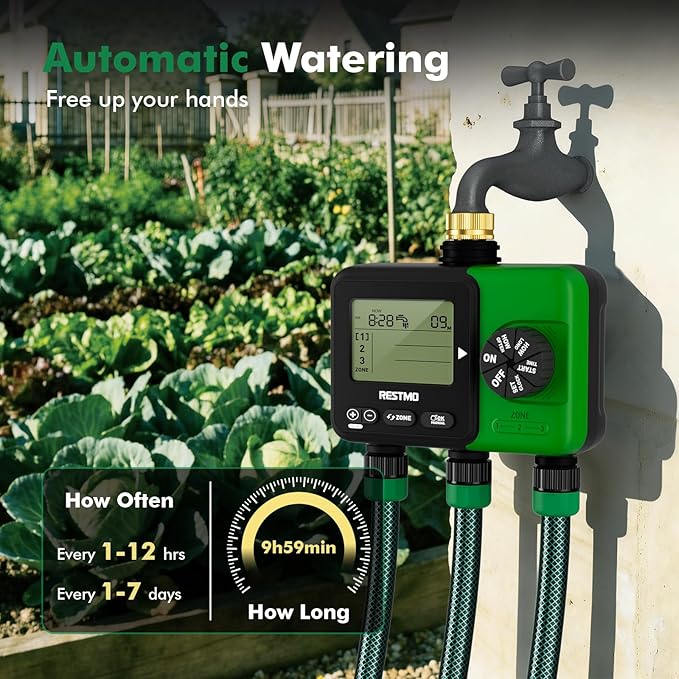 RESTMO Sprinkler Timer for Outdoor Hose Faucet 3 Zone, Up to 9h59m Programmable Watering Timer for Soaker Hose, Filling, Misting with Brass Inlet, Rain Delay/Manual/Automatic Irrigation System