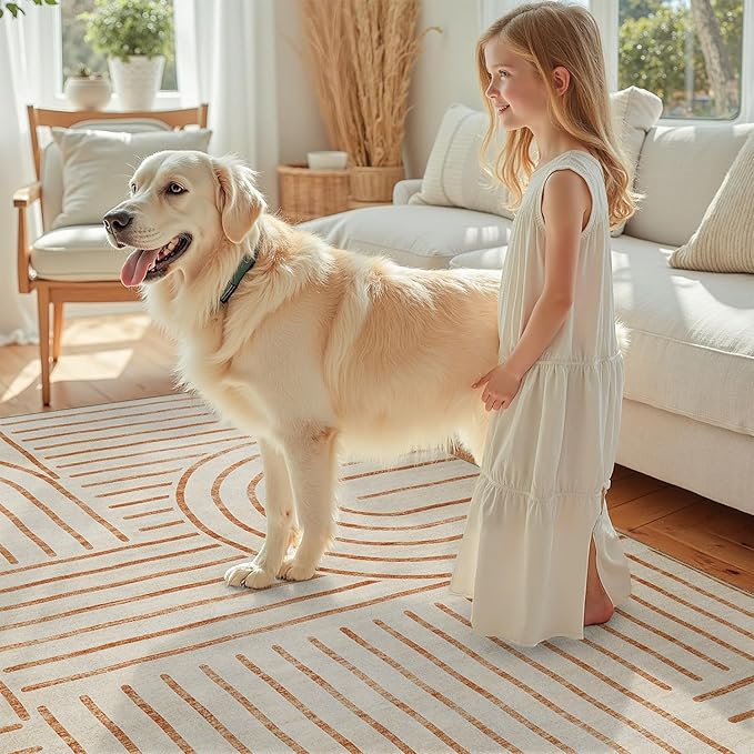 DCX Abstract Washable 6x9 Rug, Non Slip Low Pile Rug, Beige | Rugs for living room, bedroom, dining room, office, soft, mid century modern rug, sain resistant indoor carpet, home decor