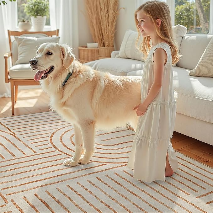 DCX Abstract Washable 4x6 Rug, Non Slip Low Pile Rug, Beige | Rugs for living room, bedroom, dining room, office, soft, mid century modern rug, sain resistant indoor carpet, home decor