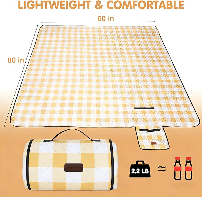 HX&OD Outdoor Picnic Blanket, Extra Large, 80''x60'' Waterproof Foldable Blankets Gingham Picnic Mat for Beach, Camping Grass Lawn Park Accessories Cute Couple Ideas Wedding (Yellow, 80”x60”)