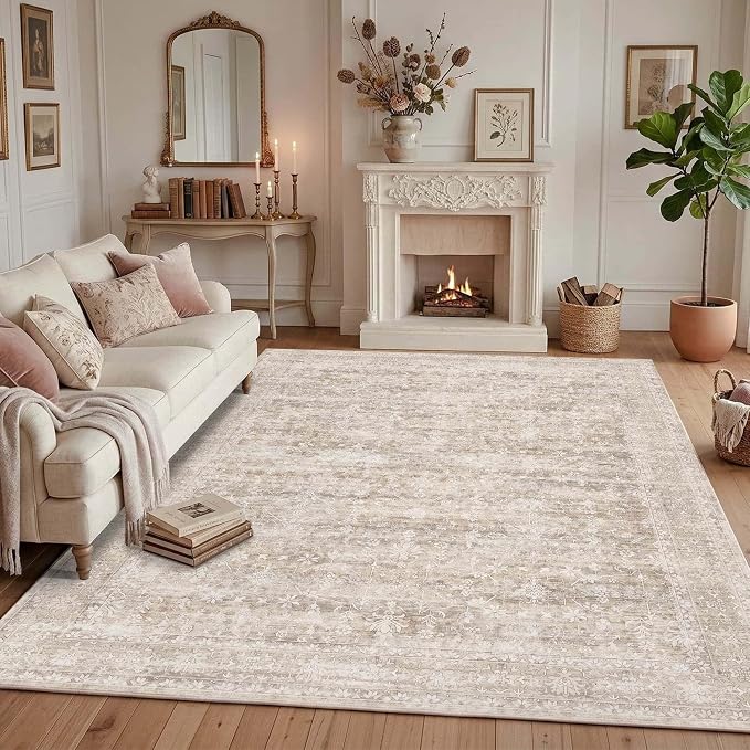 Latte&Fog Beige 8x10 Area Rugs for Living Room Netural Large Washable Rugs | Non Slip Low Pile Soft Floral Carpet for Girls Bedroom Dining Kitchen Kids Playroom Nursery Classroom Dorm Farmhouse Office