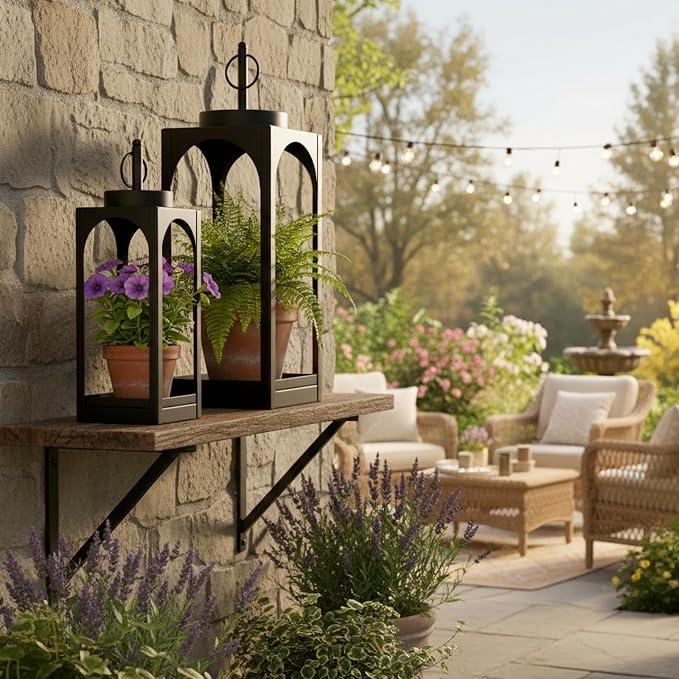 MATAHUM 18" 13" Decorative Lanterns Set of 2, Black Metal Farmhouse Lanterns with Flameless Candles, Outdoor Lantern Decor Indoor Candle Lantern for Fireplace, Porch, Patio, Garden, Wedding