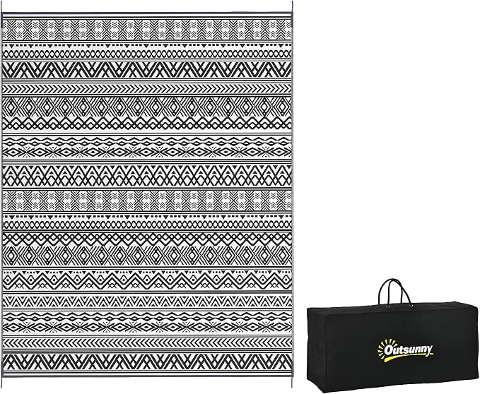 Outsunny Outdoor Rug for Patio, 8' x 10' Waterproof Large Mat, Reversible Plastic Straw Rug for Decor, Portable Outside RV Camping Area Carpet Mat for Backyard Porch Deck Picnic, Gray & Cream Boho