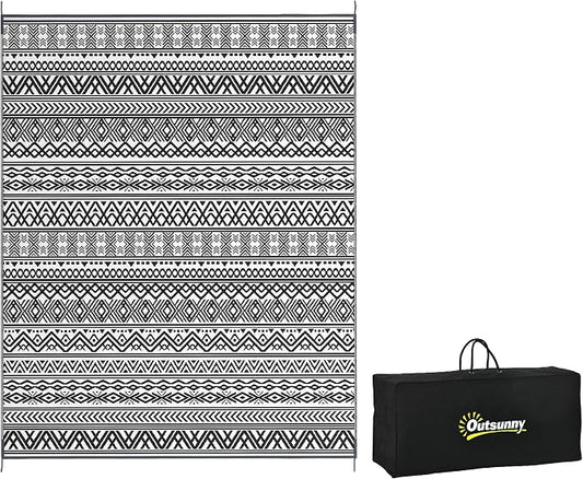 Outsunny Outdoor Rug for Patio, 8' x 10' Waterproof Large Mat, Reversible Plastic Straw Rug for Decor, Portable Outside RV Camping Area Carpet Mat for Backyard Porch Deck Picnic, Gray & Cream Boho