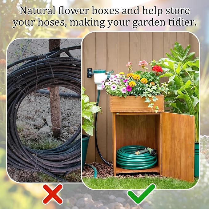 AceOrbit 2 in 1 Wood Hidden Hose Storage with Planter Box, Outdoor Decorative Flower Box with Storage Cabinet Holds up to 200 Feet of 5/8 Inch Hose for Patio, Porch & Garden Space-saving Decor