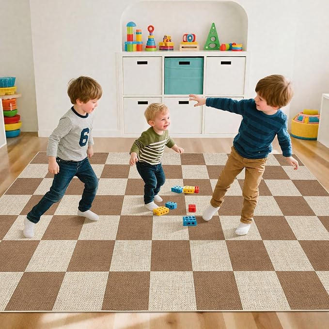 GarveeHome Easy Jute Area Rugs 6x9 for Living Room Non-Slip Backing Checkered Rugs Machine Washable Modern Indoor Outdoor Carpets for Dining Room Nursery Patio Bedroom Backyard Camping Brown
