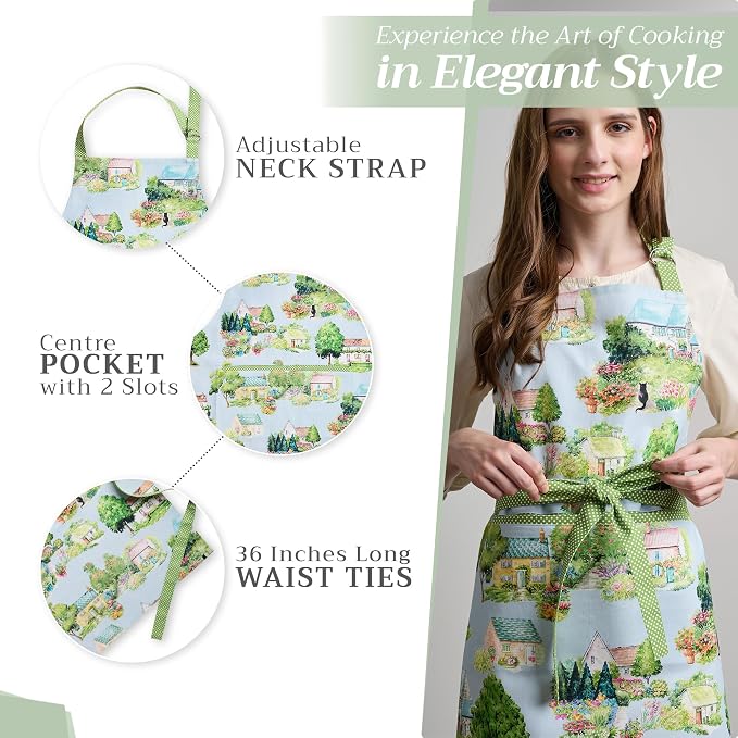 Maison d' Hermine Aprons for women with Pocket 100% Cotton (27.50"x31.50") | Adjustable Neck Strap & long ties Apron Men Chef Wedding Cooking Gardening Server Maid