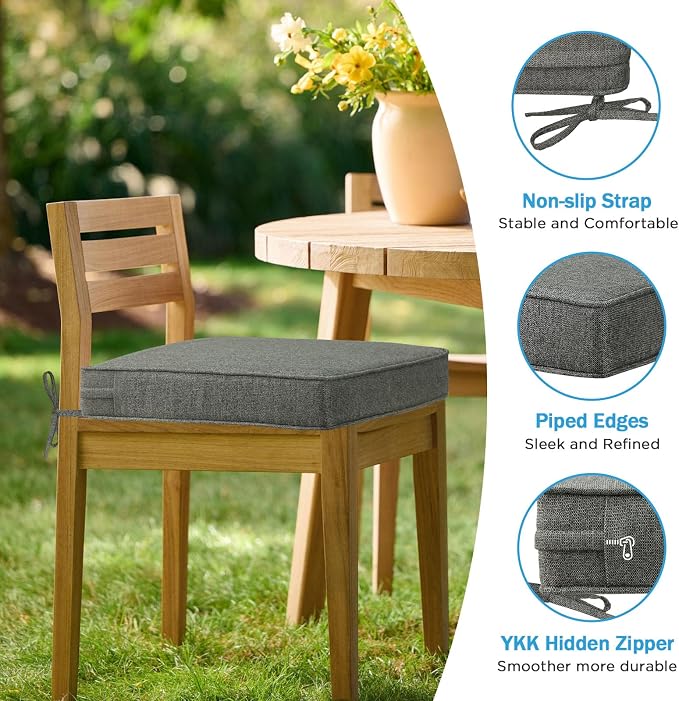 19 x 19 Inch Sunbrella Outdoor Chair Cushions with Tie Straps, Set of 4 Thick Water Repellent Square Patio Chair Pads for Garden Lawn Patio Furniture, Demo Graphite