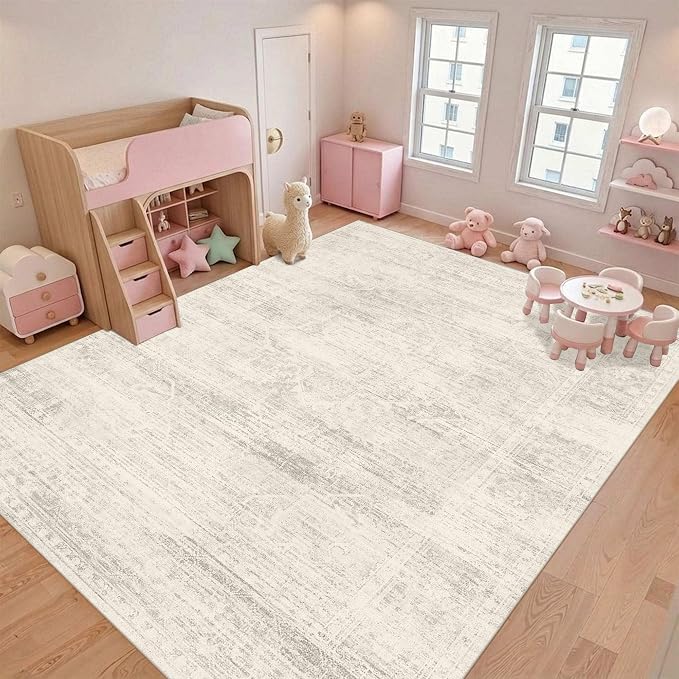 Latte&Fog 9x12 Area Rugs for Living Room Washable Ivory Area Rugs Large | for Bedroom Dining Kitchen Kids Playroom Nursery Classroom Dorm Farmhouse Office, Non Slip Low Pile Soft Floral Carpet Indoor