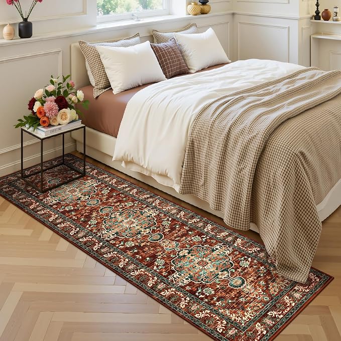 U'Artlines 2' x 7' Boho Hallway Runner Rug, Washable Carpet, Rust＆Teal | Non Slip, Vintage Farmhouse Accent Area Rug Carpet, for Kitchen Entryway Laundry and Living Room
