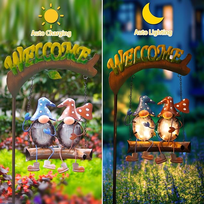 Gnomes Garden Decor Solar Lights, 48 Inch Welcome Sign Swing Yard Decorations Outdoor Decorative Stake for Lawn Porch Backyard Patio, Gnome Gardening Gifts for Women Mom