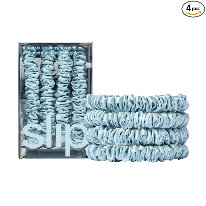 Slip Silk Hair Ties — Skinny Silk Sky Blue Scrunchies, No Damage, No Crease, Anti-Breakage |100% Mulberry Silk | All Hair Types | Made with Proprietary Slipsilk™ | Set of 4
