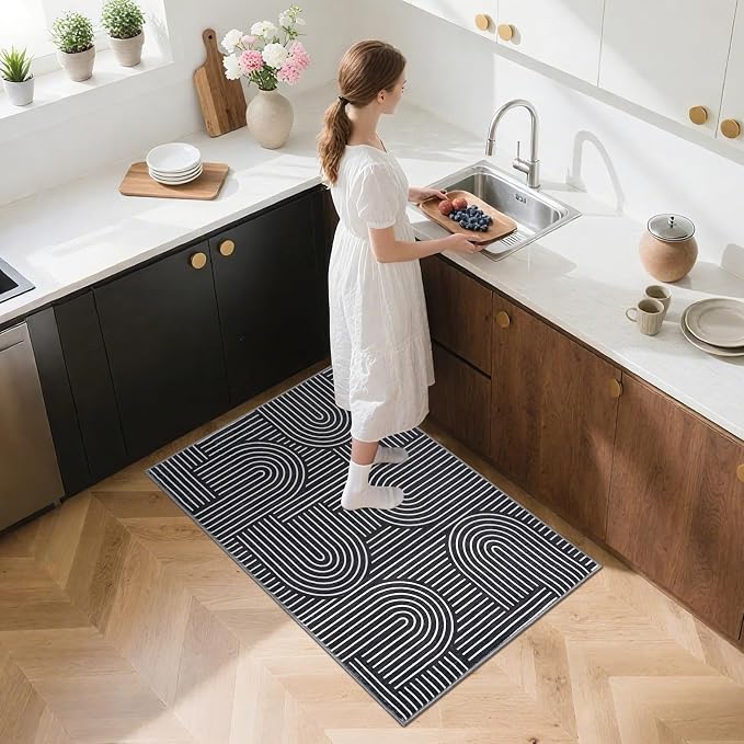 ROYHOME Modern 2x3 Washable Rugs for Entryway, Non Slip Soft Small Area Rug | Abstract Rug for Bedroom, Rainbow Bath Mat with Rubber Back, Low Pile Stain Resistant Geometric Carpet for Kitchen, Black