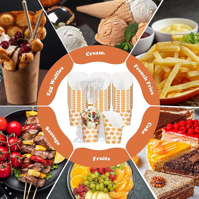 FYSUIMU 50Pcs Fall Thanksgiving Charcuterie Paper Cups with Sticks Bags Twist Ties 14oz Pumpkin Disposable Appetizer Cups French Fry Holder for Autumn Harvest Thanksgiving Party Supplies