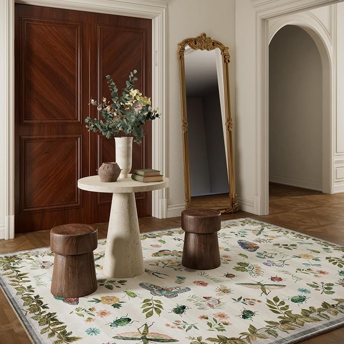 Washable Area Rugs for Living Room: 5x7 Bedroom Rug Vintage Rugs Stain Resistant Non Slip Low Pile Soft Lightweight Carpet for Kitchen Dining Room Farmhouse Nursery Kids Room Indoor