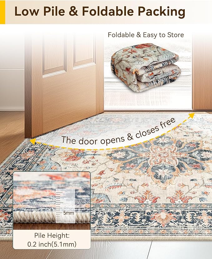 RELEANY Washable Area Rug, 3'x5', Beige/Blue/Orange | Non-Slip, Water Repellent, Pet Friendly, Easy to Clean, Vintage Floral Boho Decor for Living Room Bedroom Beside Kitchen