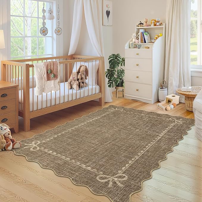 GarveeHome Scalloped Bow Rug 9x12 Washable Brown Rug for Living Room | Non Slip Soft Low Pile Large Indoor Carpet for Nursery Girls Bedroom Decor Hallway Kids Room College Dorm Playroom