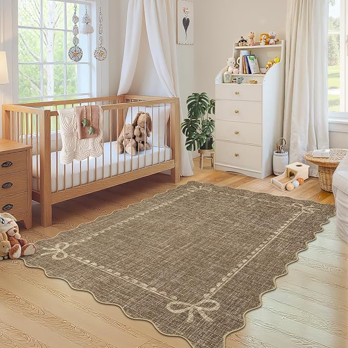GarveeHome Scalloped Bow Rug 8x10 Washable Brown Rug for Living Room | Non Slip Soft Low Pile Indoor Large Carpet for Nursery Girls Bedroom Decor Hallway Kids Room College Dorm Playroom