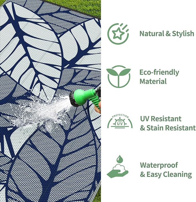 GENIMO Outdoor Rug 6' x 9' Waterproof for Patio Clearance, Reversible Plastic Straw Camping Carpet, Lightweight Mat for Rv, Camper, Deck, Porch, Picnic, Balcony, Beach, F.Blue & White