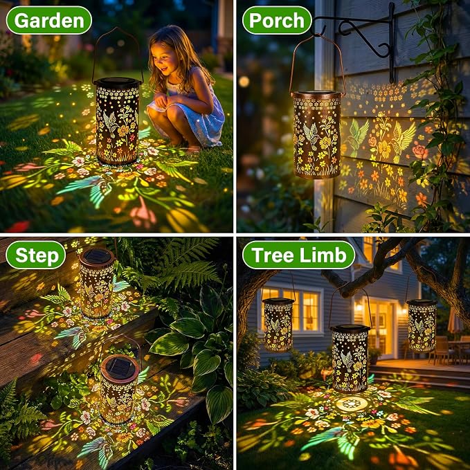 2 Pack Colorful Hummingbird Solar Lanterns Outdoor Waterproof, Decorative Metal Hanging Lantern Hummingbird Solar Lantern for Porch Yard Tabletop Path Garden Decor, Ideal Gifts for Mom Wife Grandma