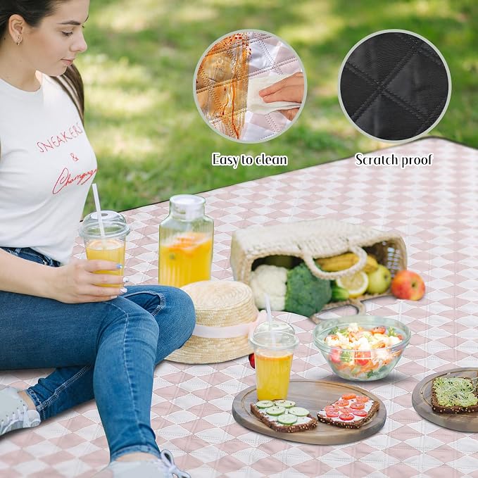 Nuanchu Checkered Picnic Blanket Extra Large Outdoor Blanket Sandproof 80"x80" Waterproof Portable Machine Washable 3 Layer Thick Gingham Picnic Mat for Beach Camping Park Grass Travel (Brown)