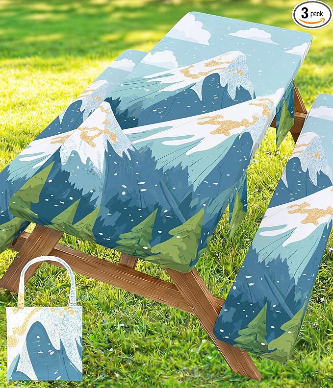 Picnic Table Cover with Bench Covers Waterproof Vinyl Elastic Rectangle Fitted Table Cloth Camping Lovers Essentials Rv Car Travel Overlanding Outdoor Roadtrip Road Trip Men Women Camper Gifts 8 Foot