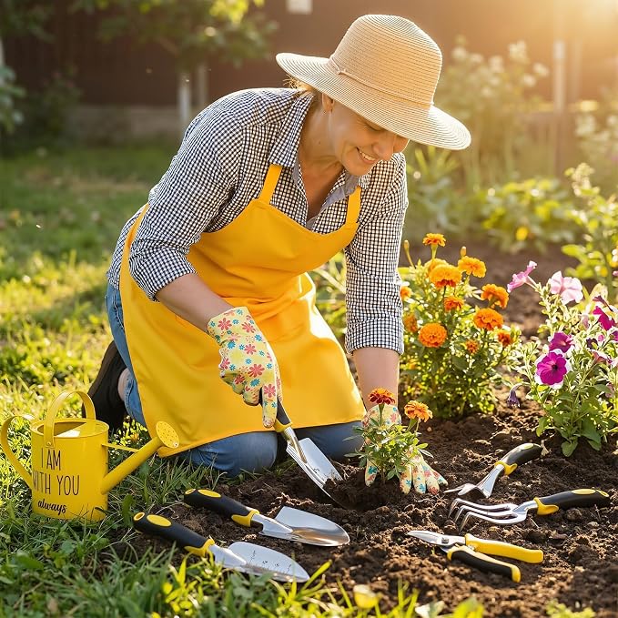 Blueweenly 9 Pcs Watering Can Garden Tools Kit with Bible Verse Christian Gardening Gifts for Women with Heavy Duty Garden Hand Tools 1.6L Galvanized Metal Can Apron Gloves for Mom Grandma(Yellow)