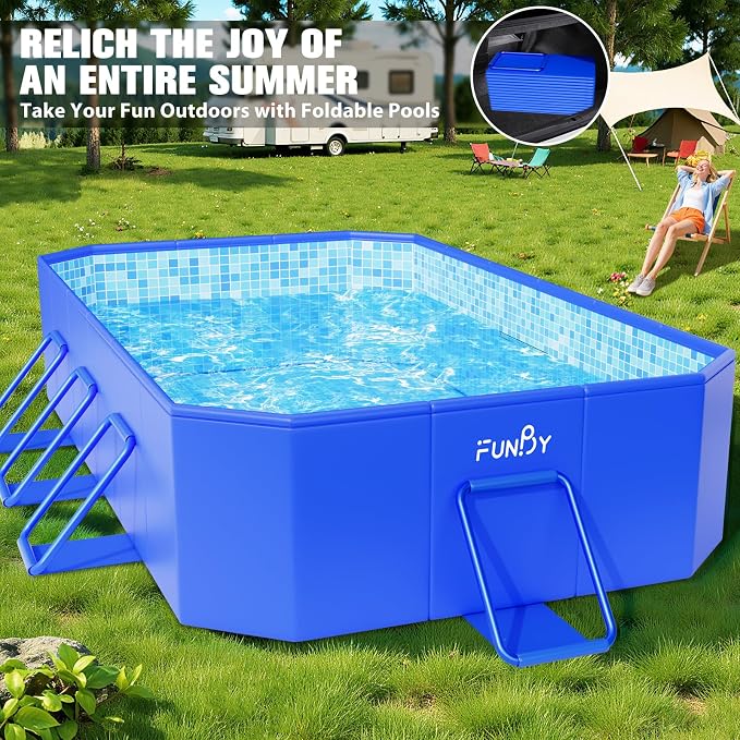 FunBy Large Foldable Pool, Foldable Swimming Pool, Large Foldable Pool for Adults, Non-Inflatable Pool,Oversize Thickened Collapsible Pool, Kids Pool for Backyard,Mosaic Design 108"x68"x20"-Blue