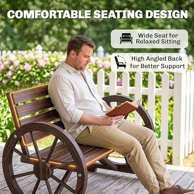 Outsunny 41" Wooden Wagon Wheel Bench, Rustic Outdoor Patio Bench Weather Resistance Furniture, 2-Person Slatted Seat with Backrest, Carbonized