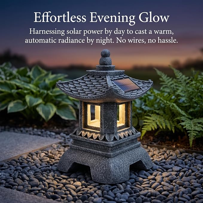 Solar Pagoda Decors Garden Statues, Zen Asian Outdoor Statues Accessories Japanese Pagoda Lamp Lantern for Garden Balcony Patio Porch Yard Art Ornament Decoration, 12 Inches