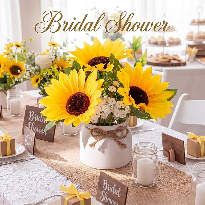 Zeyune 8 Pcs Sunflower Potted Plants Rustic Summer Spring Kitchen Wedding Table Centerpieces Silk Yellow Fake Flower with Plastic Pot for Home Bathroom Office (White, Sunflower and Baby's Breath)