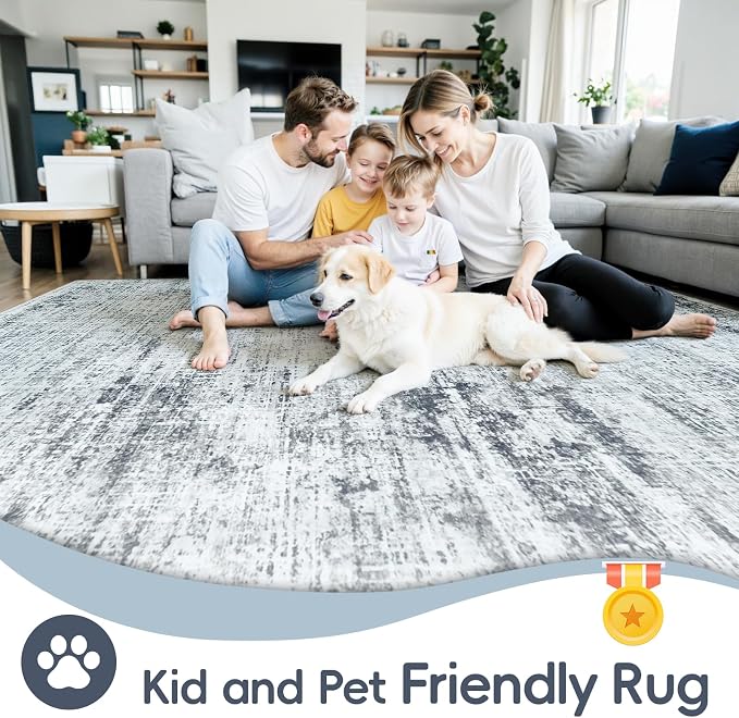 6x9 Washable Area Rug for Living Room Bedroom: Non-Slip Modern Black Grey | Machine Washable TPR Backing, Stain-Resistant Low Pile, Pet & Kid Friendly, Abstract Decor for Dining Room, Dorm, Home Office