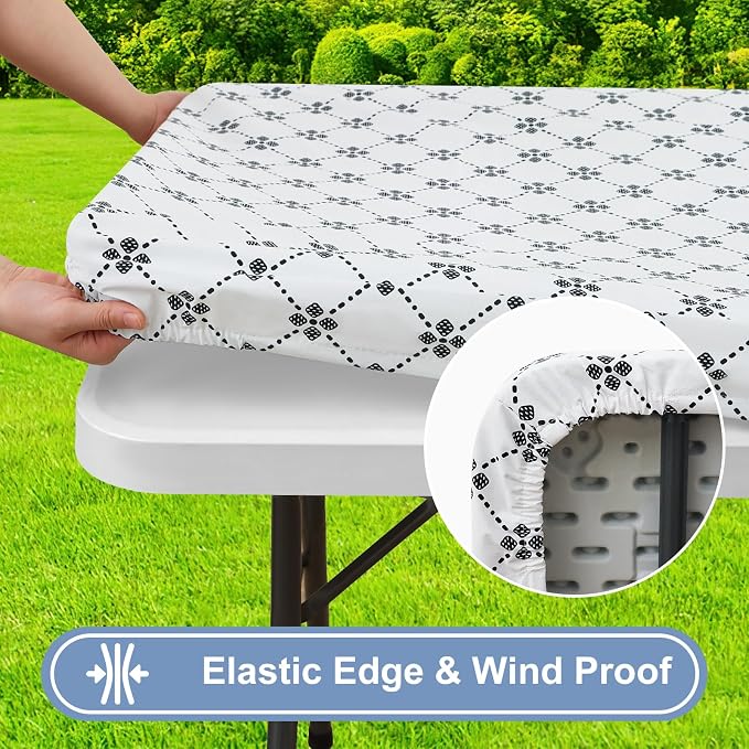 misaya Rectangle Vinyl Table Cloth, Elastic Fitted Tablecloth with Flannel Backing, Waterproof Plastic Table Cover Fits 4 Foot Folding Tables for Picnic, Camping, Indoor and Outdoor (White, 30" x 48")
