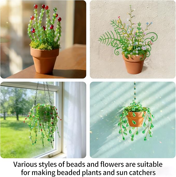 TIMECOSY 6384pcs Beaded Plants Kit Magnets for Fridge, Green Beads Leaf Glass Flowers for Succulent Plant Lover Jewelry Making DIY Craft Gifts Colorful Dangling Charms Sun Catchers Window Home Décor