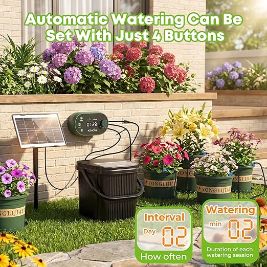 Solar Drip Irrigation System Kit, Auto Watering Kit for 15 Pots, 3W Solar Powered Auto Easy DIY Watering Device,22 Timing Modes with with Anti-Siphoning Device & Buckets and Flower Pots