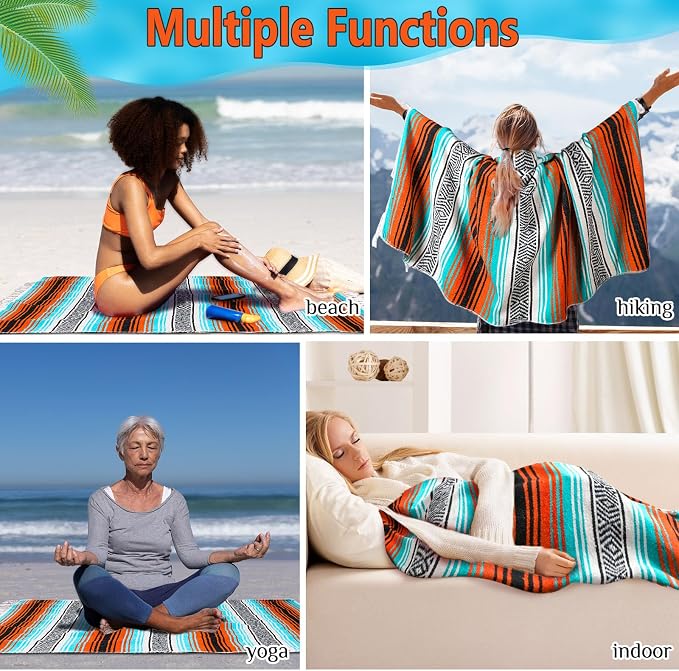 Oudain 4 Pack Mexican Blankets 45 x 70 Inch Woven Serape Throw Blanket, Baja Yoga Blanket for Beach Picnic Camping Boho Couch Decor Travel Outdoor (Delicate Color)
