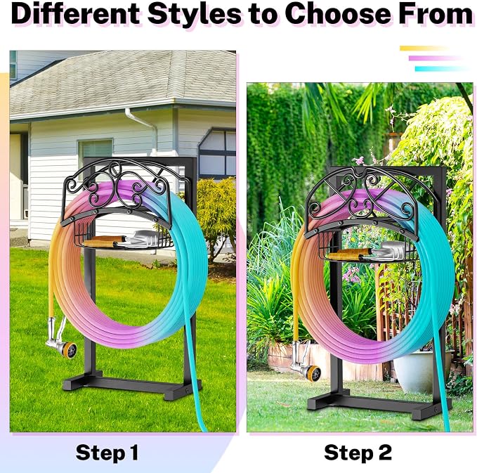Garden Hose Holder, Metal Water Hose Holder with Storage Basket, Heavy Duty 4 Spikes Hose Hanger Holds 150 Feet Hoses, Freestanding Hose Storage Reel Rack for Outdoor Yard Lawn,Coil