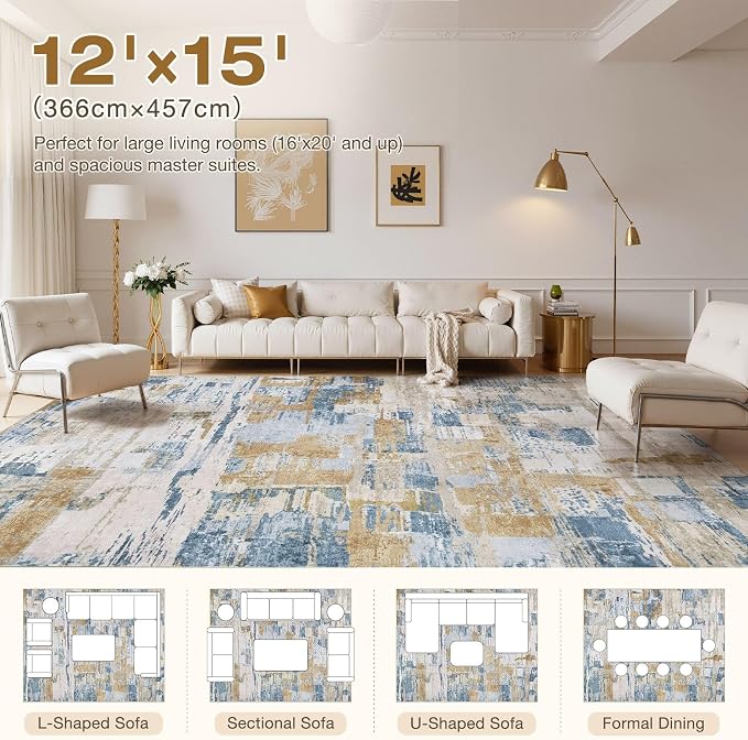 kakania Abstract 12x15 Area Rugs for Living Room: Washable Rugs Blue | Soft, Non-Slip, Low-Pile, Pet & Kid Friendly - Large Modern Home Decor Carpet for Bedroom/Dining Room/Office/Nursery