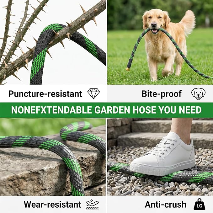 Non-Expandable Garden Hose 100 FT, Heavy-Duty & Flexible Water Hose with 10-Function Nozzle, Kink-Free & Leak-Proof Design, Ultra Lightweight Portable Yard Hose for Lawn, Car, Outdoor Use