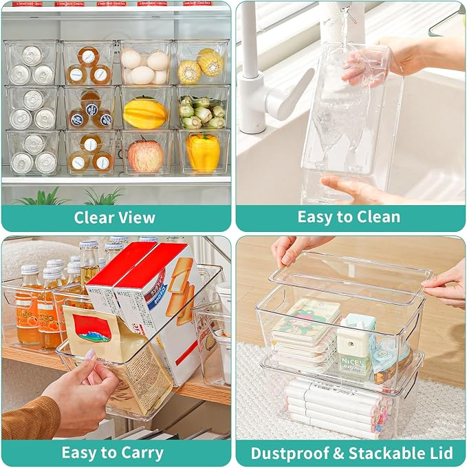 6 Pack Small Clear Storage Bins with Lids, Acrylic Arts and Craft Storage Containers, Stackable Clear Plastic Craft Storage Bins with Handles for Pantry Organizers and Storage, Kitchen, Fridge, Office