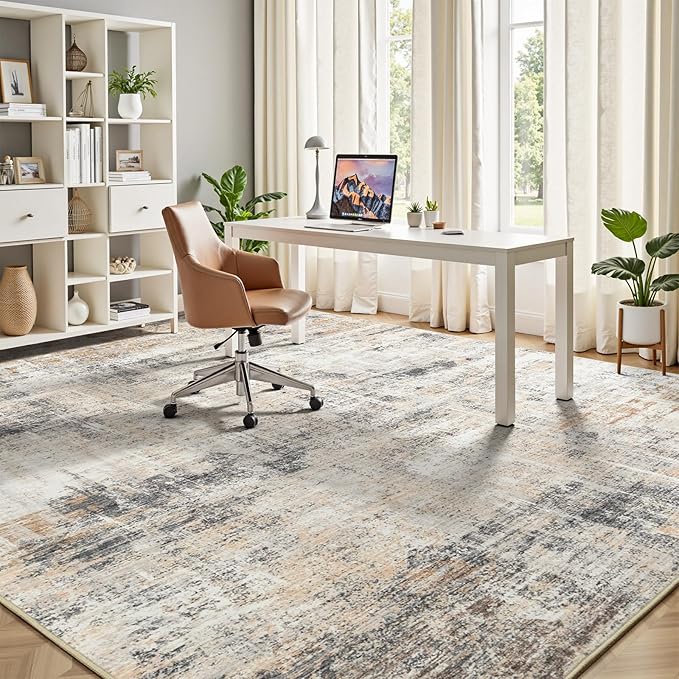 9x12 Area Rug for Living Room, Abstract Washable Non-Slip Large Rugs, Gold | Soft Neutral Carpet for Bedroom, Dining Room, Home Office Nursery Indoor, Stain Resistant, Low Pile, Foldable Modern Rug