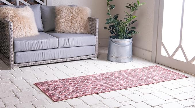 Unique Loom Outdoor Trellis Collection Area Rug - Tribal Trellis (2' x 8' Runner, Rust Red/ Ivory)