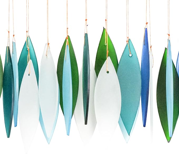 Blue Handworks Ocean Breeze Glass Chime, Sandblasted Glass and Found Wood Handcrafted Wind Chime | Sandblasted Glass and Found Wood Handcrafted Wind Chime