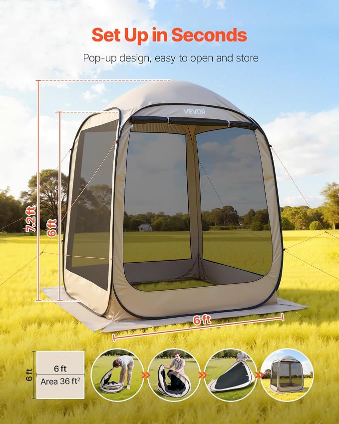 VEVOR Screen House Tent 6x6FT Pop-Up Screen Tent for 4–6 Person, Portable Screen Room Gazebo with Netting, Carry Bag & Ground Stakes, Instant Screen Canopy for Patio Backyard Garden Camping