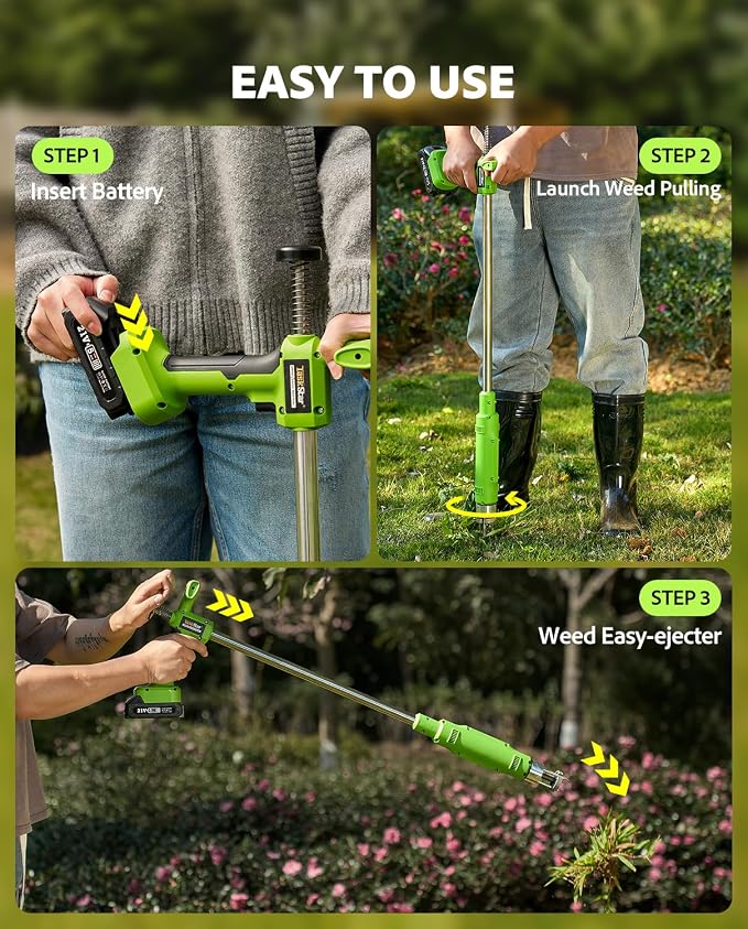 TaskStar Electric Weed Puller Tool: 21V Battery Powered w/ 2pcs 2000mAh, Heavy Duty 3-Claw Steel Root Weeder Stand-Up Remover Picker Grabber Popper, for Dandelion Lawn Garden Yard EWP001