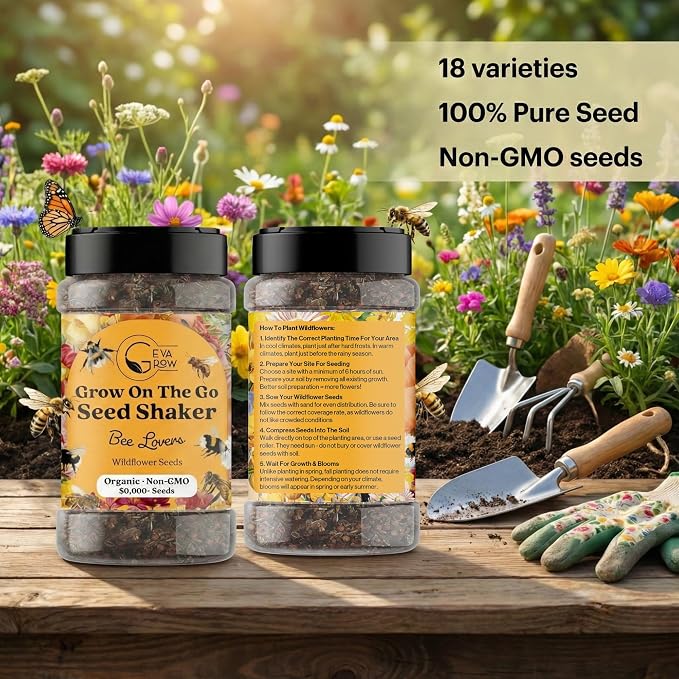 Mini Wildflower Seed Shaker - Save The Bees Seed Mix, by GevaGrow | 80,000+ Seeds | Pollinator & Bee Attracting Flower Seeds Bulk for Planting in Pots & Outdoor Gardens | 2 Ounce
