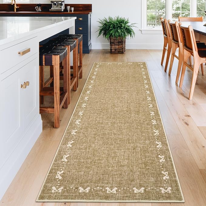 COZYLOOM 2x6 Kitchen Runner Rugs Non Skid Washable, Stain Resistant Modern Bow Printed Rug for Entryway Indoor, Non Shedding Low Pile Solid Color Mats for Hallway, Bedroom, Laundry Room, Brown