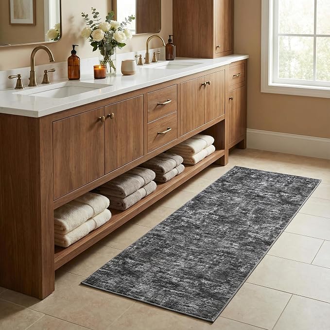 GarveeHome Bathroom Runner Rug 2x6 Machine Washable Area Rugs for Kitchen Floor Modern Solid Color Throw Rug with Non Slip Backing, Non Shedding Low Pile Floor Cover for Laundry Room, Dark Grey