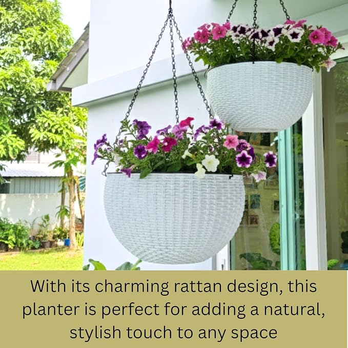 LaLaGreen Indoor Hanging Planter (11 Inch, 2 Pack) Self-Watering Round Flower Pot with Water Level Indicator, White Rattan Style Hanging Basket on Metal Chain for Balcony, Porch, Patio, Garden Decor
