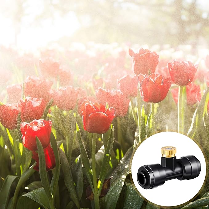 60 Pieces Brass Misting Nozzles Include Water Misting Tees Thread 1/4 Inch and Brass Orifice Nozzle with Black Plug for DIY Outdoor Patio Garden Backyard Cooling Spray System